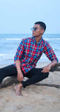 PRINTED REGULAR FIT BLUE-RED STRIPPED COTTON SHIRT