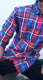 PRINTED REGULAR FIT BLUE-RED STRIPPED COTTON SHIRT