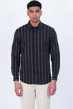 MEN BLACK COTTON BLEND STRIPED CASUAL SHIRT