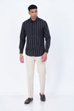 MEN BLACK COTTON BLEND STRIPED CASUAL SHIRT
