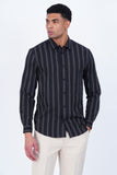 MEN BLACK COTTON BLEND STRIPED CASUAL SHIRT