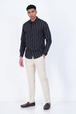 MEN BLACK COTTON BLEND STRIPED CASUAL SHIRT