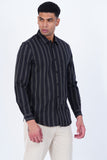 MEN BLACK COTTON BLEND STRIPED CASUAL SHIRT