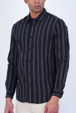 MEN BLACK COTTON BLEND STRIPED CASUAL SHIRT