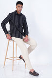 MEN BLACK COTTON BLEND STRIPED CASUAL SHIRT