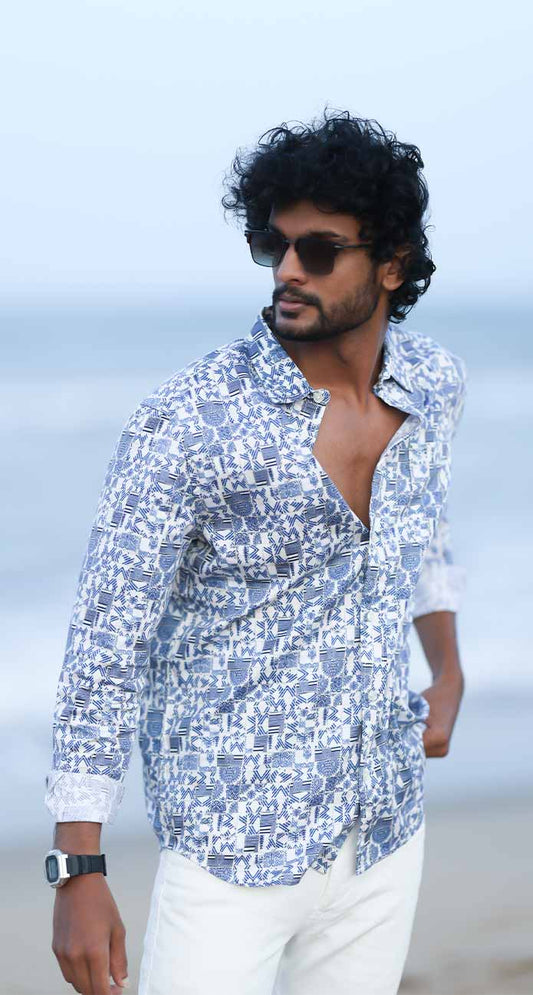 PRINTED REGULAR FIT WHITE-BLUE COTTON SHIRT