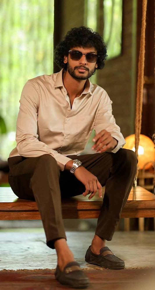 SOLID REGULAR FIT COTTON-BLEND BEIGE SHIRT