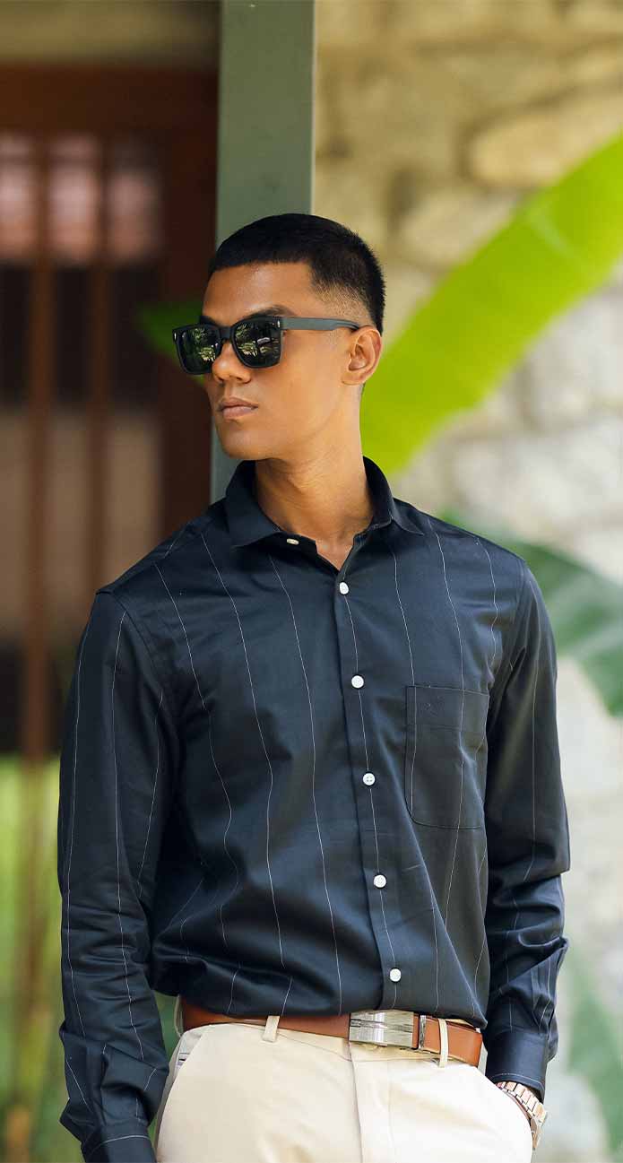 SOLID REGULAR FIT COTTON-BLEND BLACK STRIPPED SHIRT