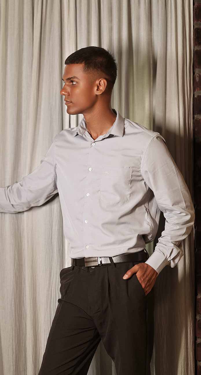 SOLID REGULAR FIT COTTON-BLEND GREY SHIRT