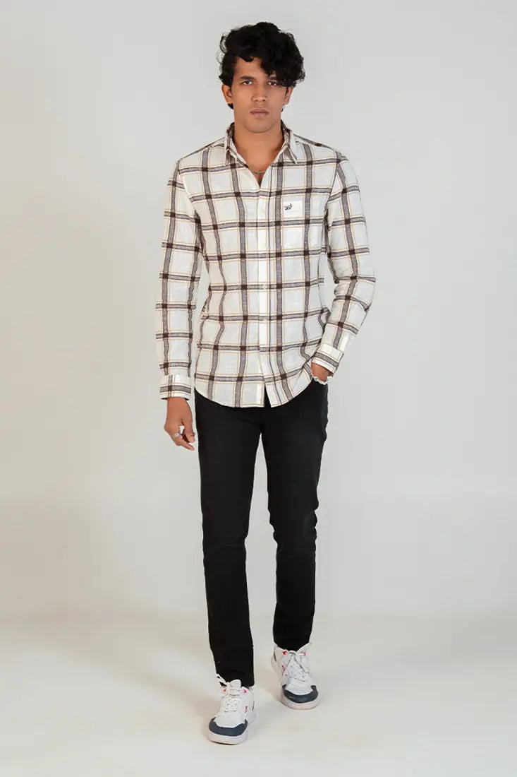 Beige Brown Windowpane Check Shirt