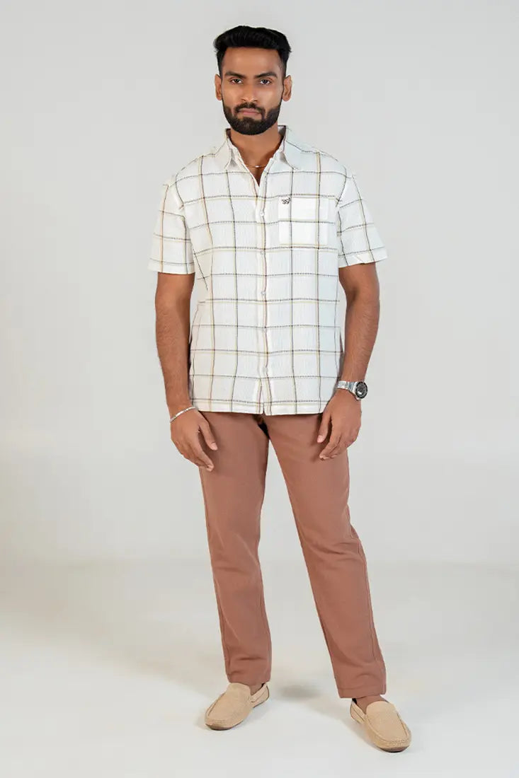 Cream Brown Windowpane Check Shirt