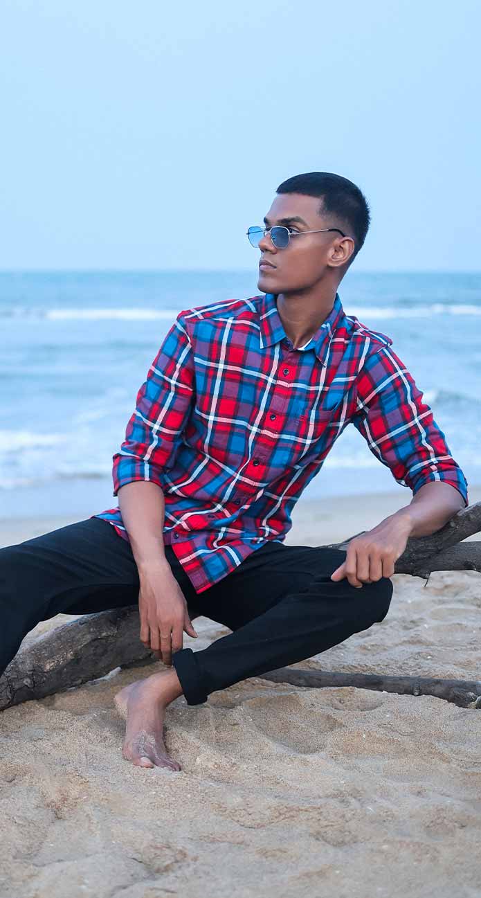 PRINTED REGULAR FIT BLUE-RED STRIPPED COTTON SHIRT