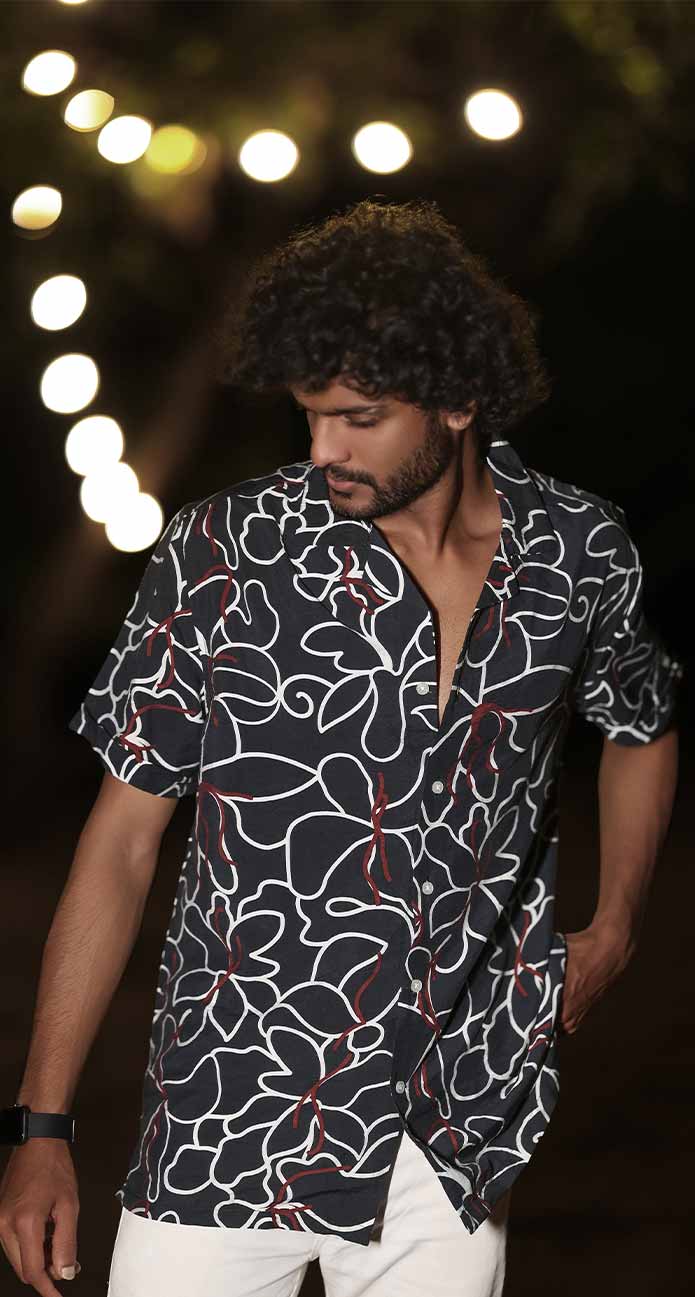 PRINTED REGULAR FIT VISCOSE BLACK SHIRT