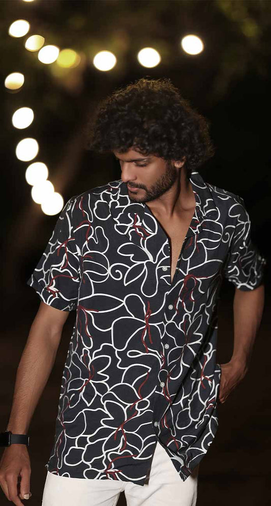PRINTED REGULAR FIT VISCOSE BLACK SHIRT