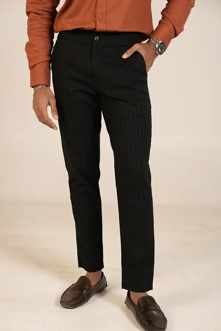 C&S Black Strip Cotton Trouser