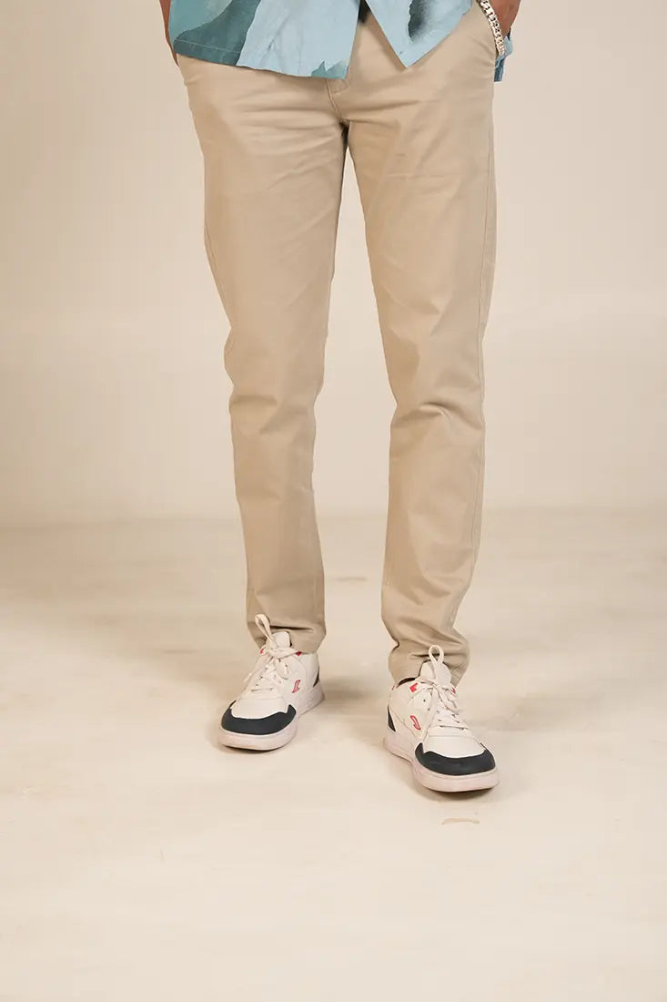C&S Beige Regular Fit Cotton Pant