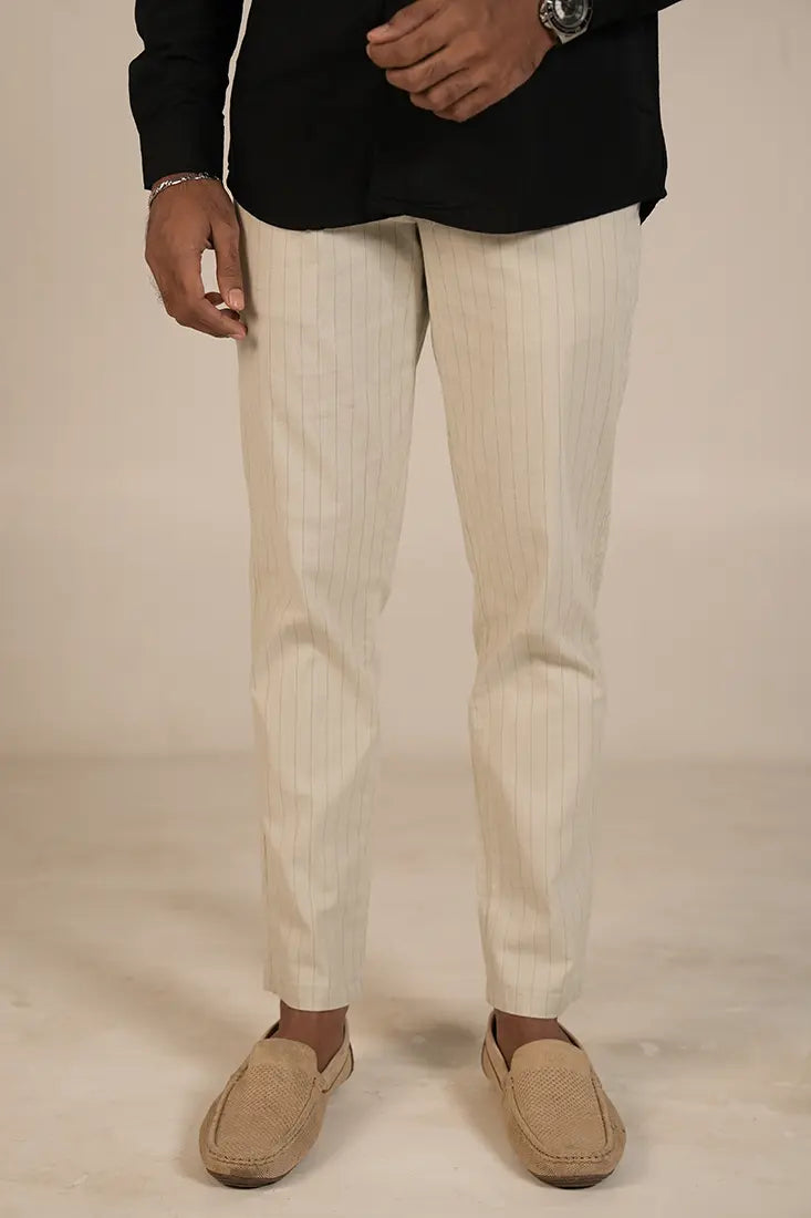C&S Cream Strip Cotton Trouser