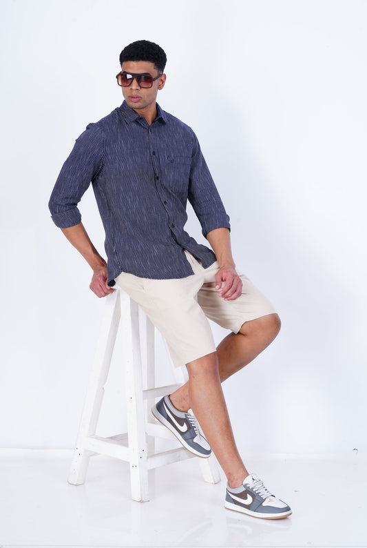 WHITE STRIPE ON NAVY CASUAL SHIRT