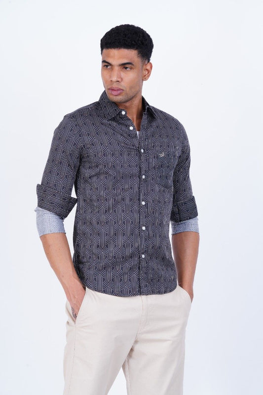 C&S Charcoal Geometric Print Regular Fit Shirt