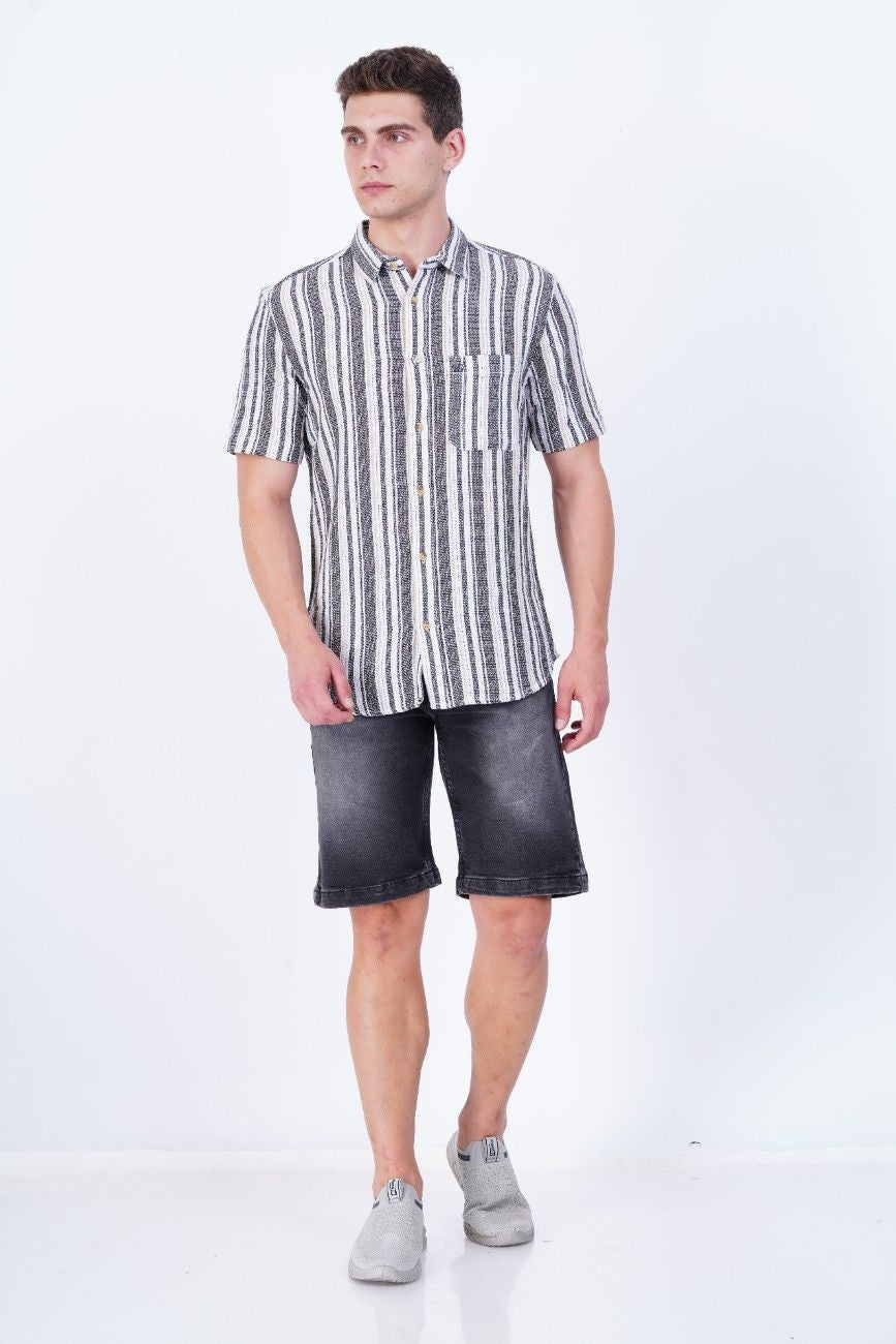 Half Sleeve Ash Grey Texture Stripe Shirt