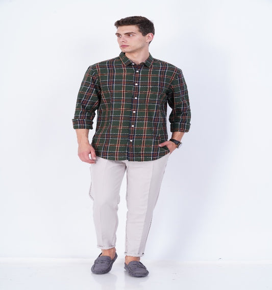 COTTON OLIVE CHECKED CASUAL SHIRT