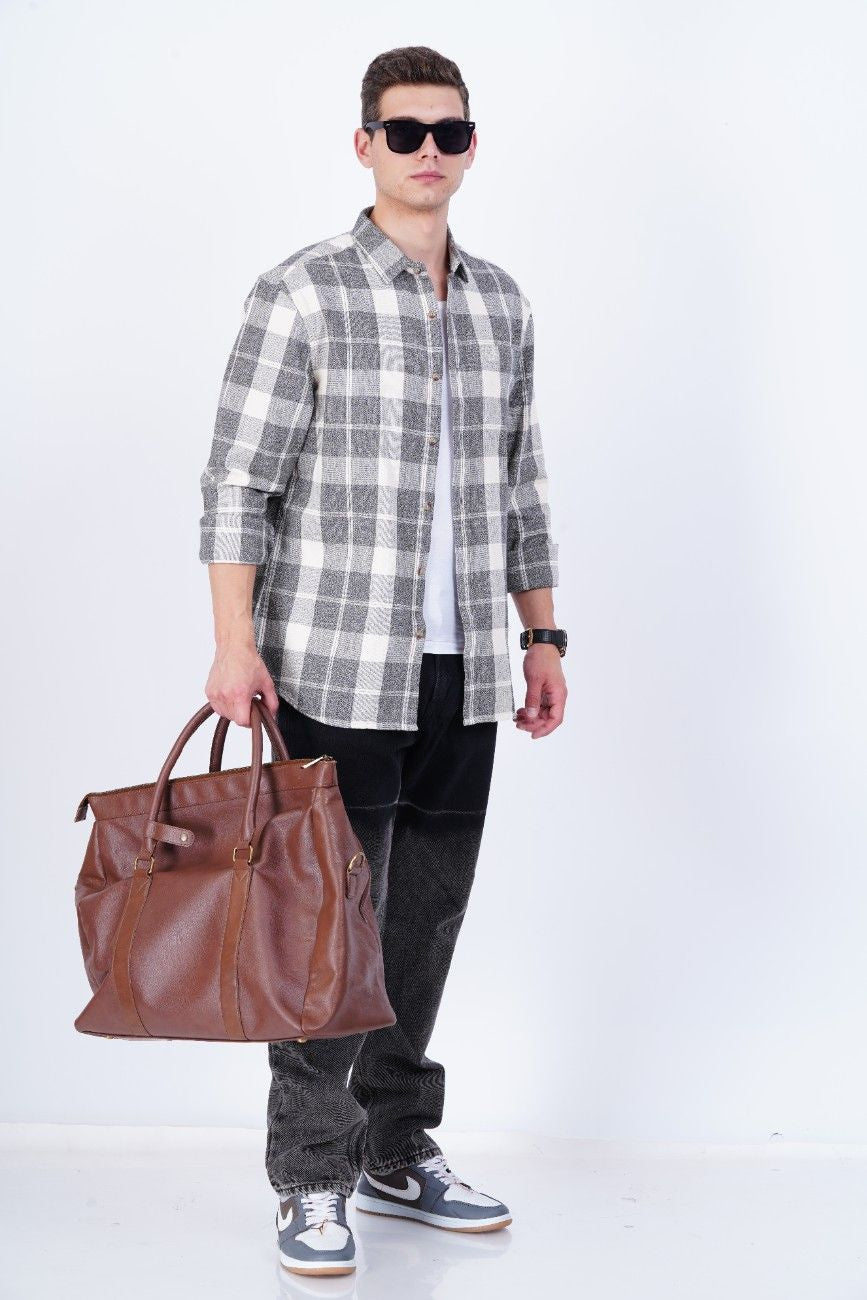 C&S Grey White Windowpane Checked Regular Fit Shirt