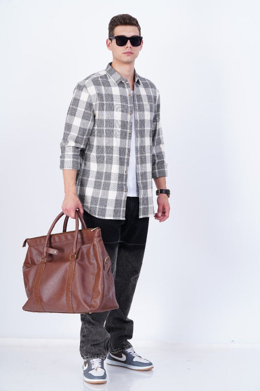 C&S Grey White Windowpane Checked Regular Fit Shirt