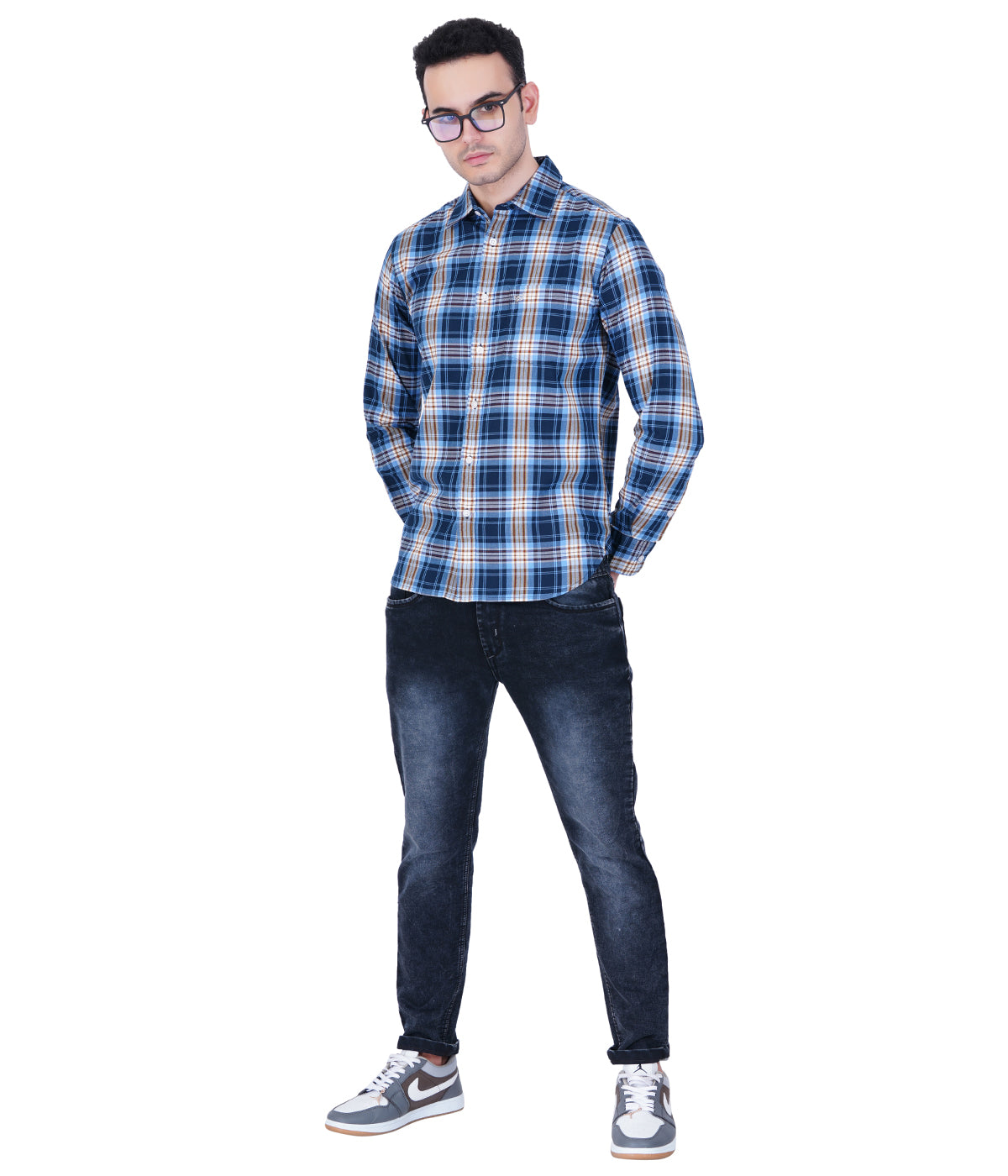 COTTON NAVY BLUE  TWILL  CHECKED  CASUAL SHIRT