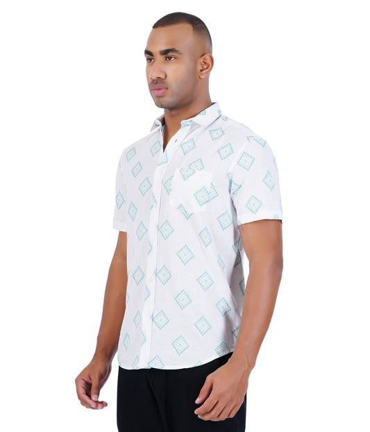 COTTON WHITE WITH GREEN DOBBY  CASUAL SHIRT
