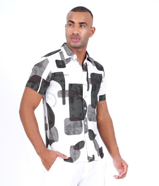 PRINTED WHITE BASED OLIVE CASUAL SHIRT