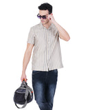 COTTON KHAKI WITH BLACK CUBAN COLLAR CASUAL SHIRT