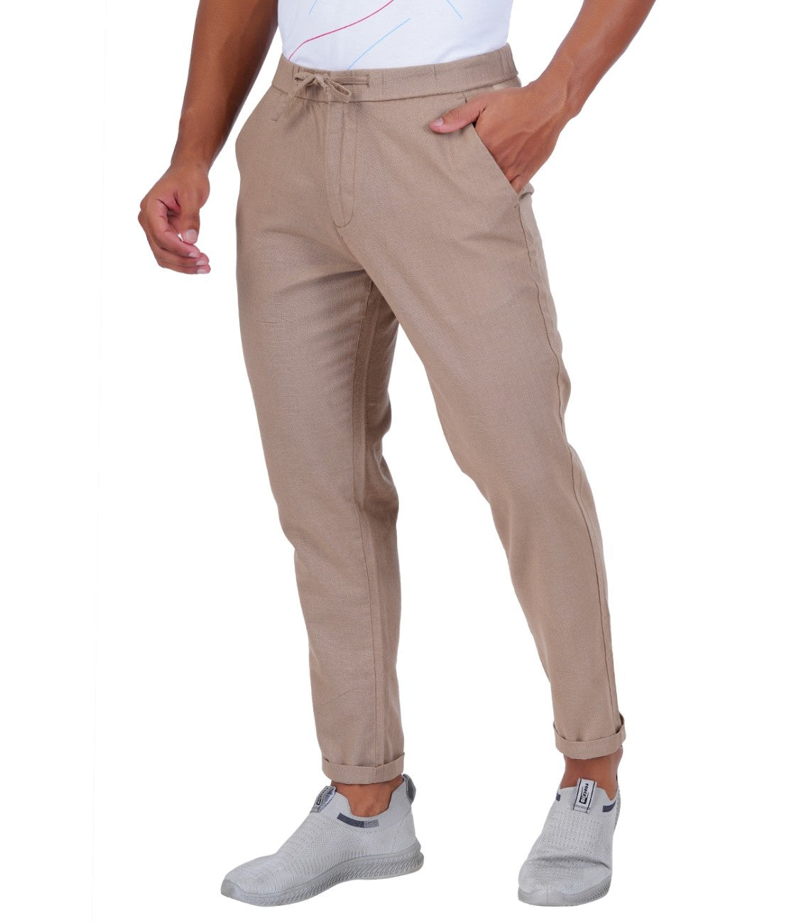 C&S Beige Drawstring Slim-Fit Trouser