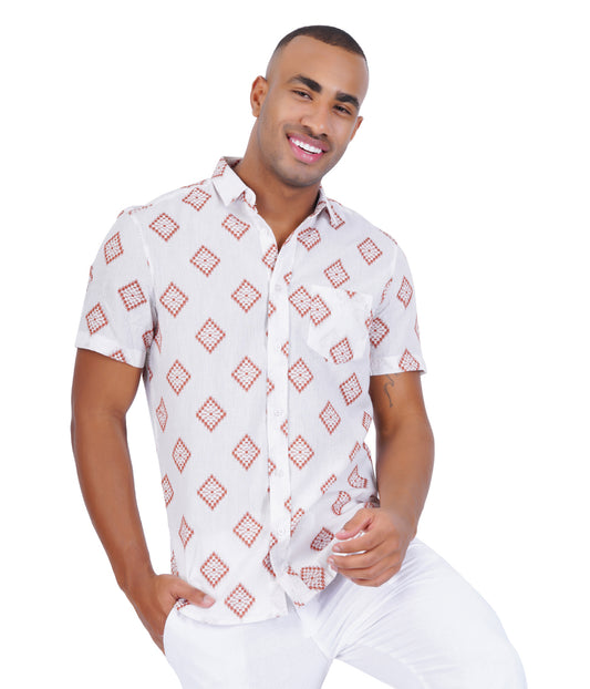 COTTON WHITE WITH ORANGE DOBBY  CASUAL SHIRT